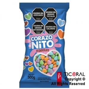 LENTEJAS DE CHOCOLATE  CON FORMA DE CORAZON SURTIDO x 500 GR